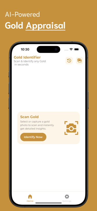 Gold Identifier home screen with the Scan Gold card and Identify Now button