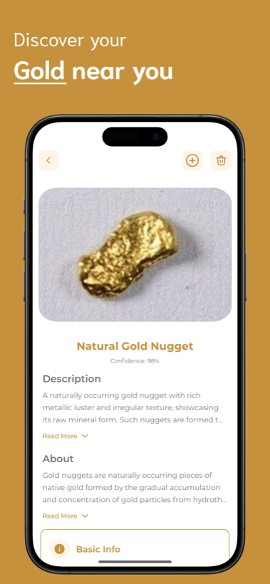 Gold Identifier app showing an identified natural gold nugget with a 98% confidence score and detailed description