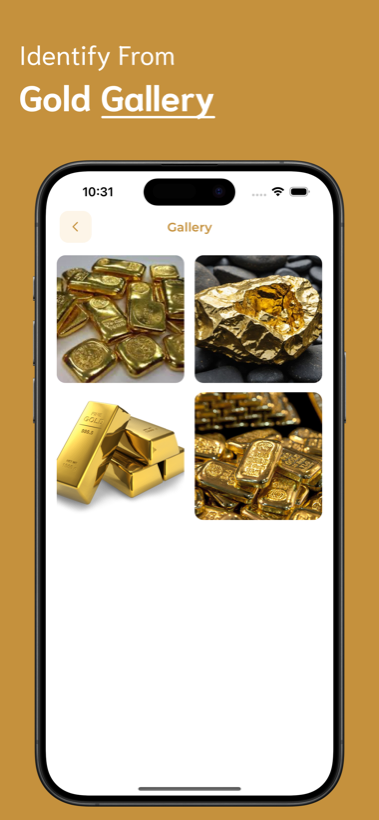 Gold Identifier gallery screen showing saved photos of gold bars, nuggets and coins ready to scan